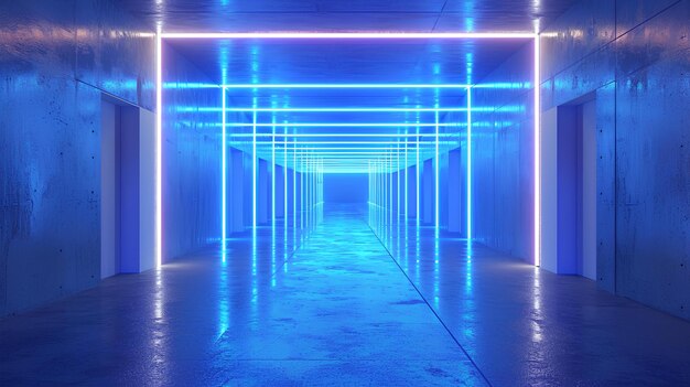 A passage with bright blue lights leading down into a concrete hallway