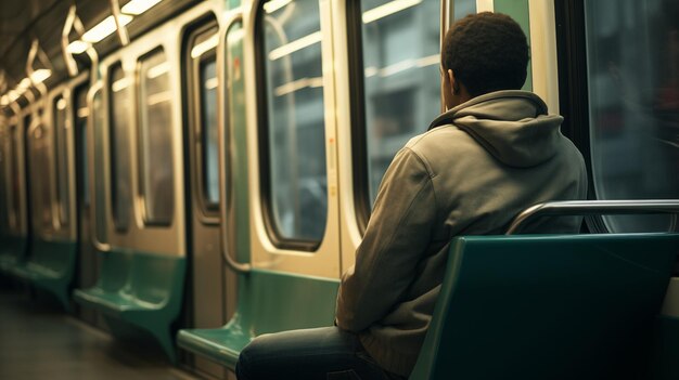 Passagier zit in de metro en kijkt uit het raam van de trein.