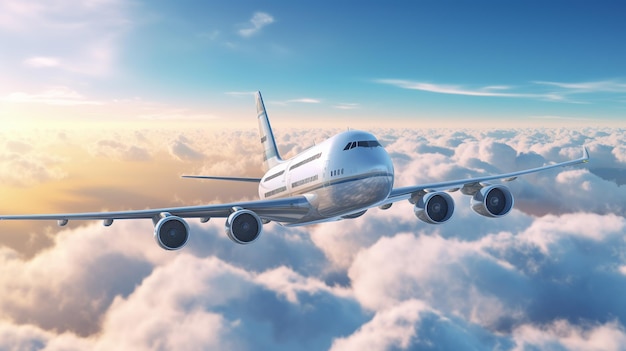 Passagiers commercieel vliegtuig vliegen boven wolken Generatieve ai