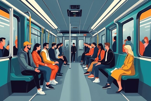 Passagiers van het openbaar vervoer Mannen en vrouwen zitten en staan in een moderne metrowagon