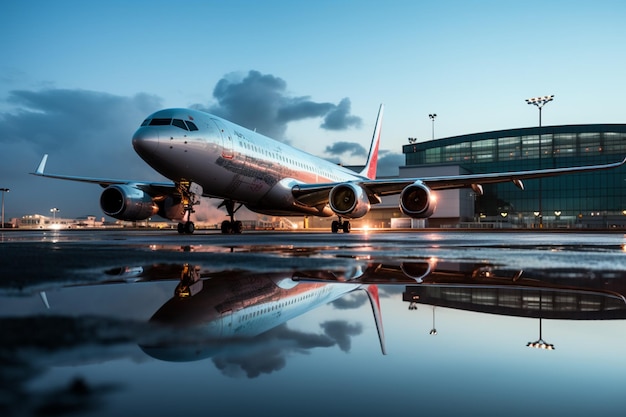 Passagiersvliegtuig rust bij de jetway, prachtig weerspiegeld in een nabijgelegen plas