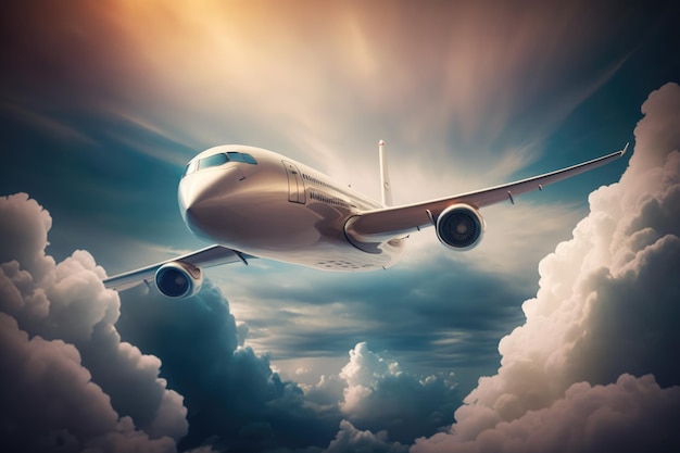 Passagiersvliegtuig vliegt door bewolkte lucht met behulp van generatieve AI-technologie