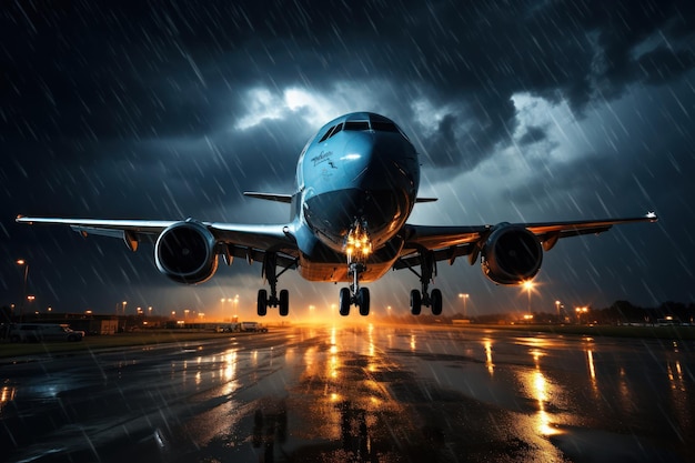 Passagiersvliegtuig vliegt in een onweersbui Genereer Ai