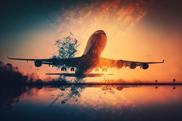 Passenger aircraft flying at sunset plane flights double exposure