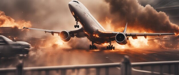 旅客機が落下、空に焼ける、空港で爆発、群衆が逃げる