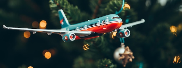 Photo a passenger airplane festive decoration hanging on a christmas tree