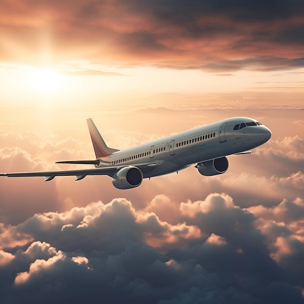 Passenger airplane flying above the clouds at sunset 3d render