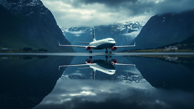 Passenger airplane flying over the fjord 3d render