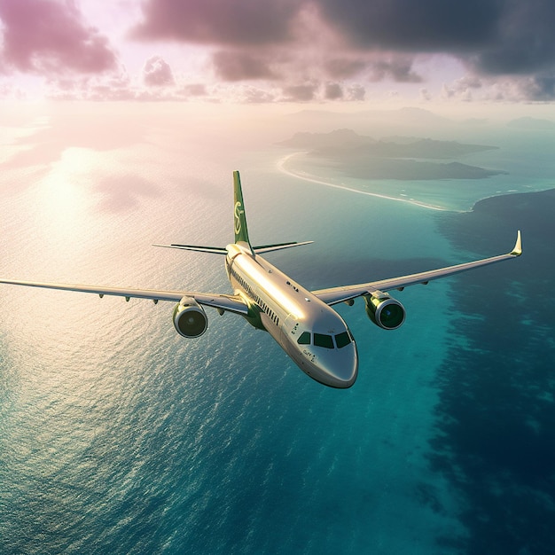 海上を飛行する旅客機画像 生成AI