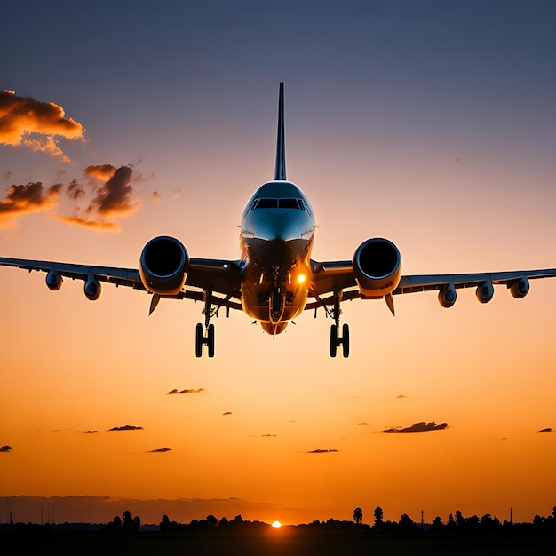 Passenger airplane taking off at dusk sky