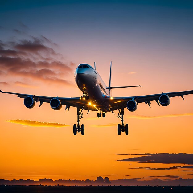 Passenger airplane taking off at dusk sky