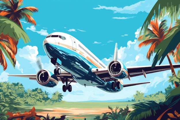 Photo passenger airplane tropical palm generate ai