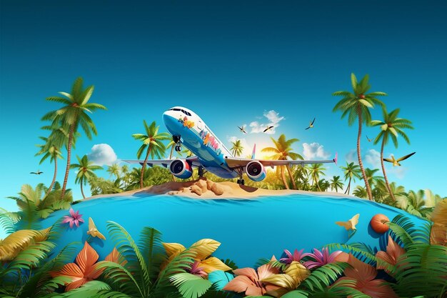 Passenger airplane and tropical palm on a paradise island Unusual travelcreated generative ai