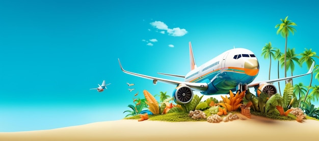 Passenger airplane and tropical palm on a paradise island Unusual travelcreated generative ai