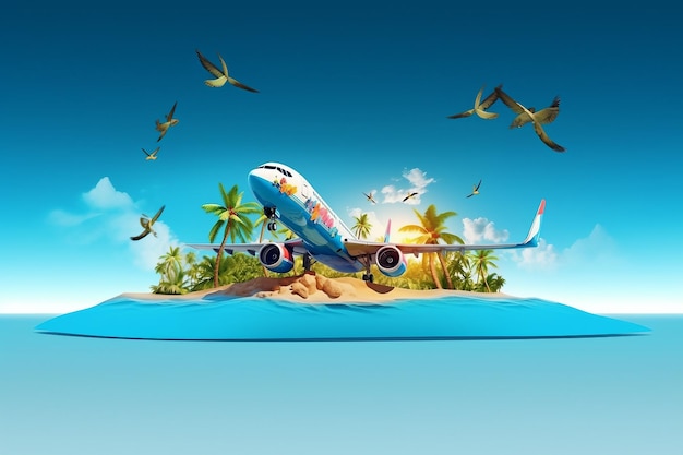 Passenger airplane and tropical palm on a paradise island Unusual travelcreated generative ai