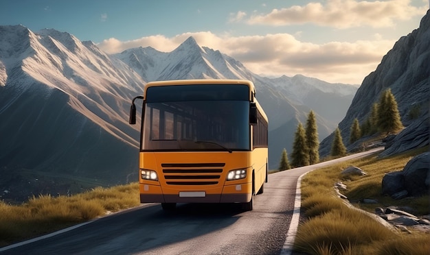 Photo passenger bus on the road against a mountainous background