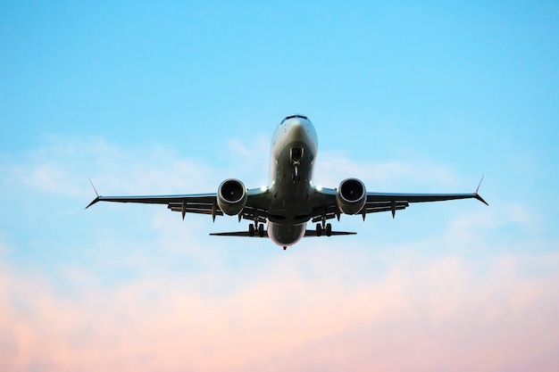 Photo passenger jet plane flies in the sky. air transport industry