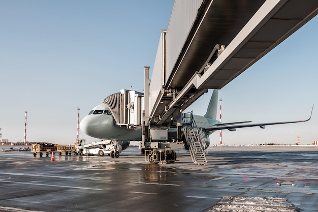 The passenger jet plane stands at the air bridge on an airport apron. The baggage is being loaded