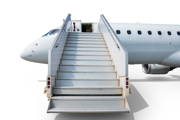 Passenger jet plane with aircraft steps isolated on white background