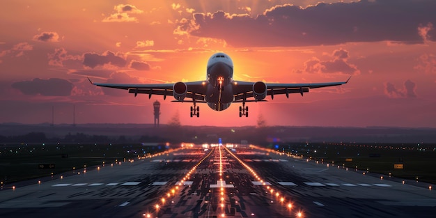 A passenger jet taking off from a runway at sunset