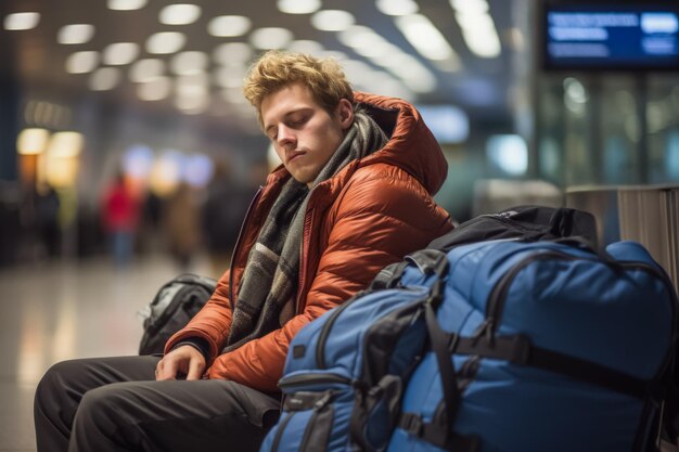 Passeggero che dorme nel terminal dell'aeroporto