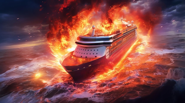 Passenger ocean liner ship engulfed in fire on high seas amidst turbulent waves