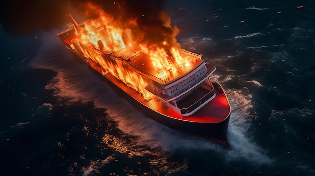 Passenger ocean liner ship engulfed in fire on high seas amidst turbulent waves