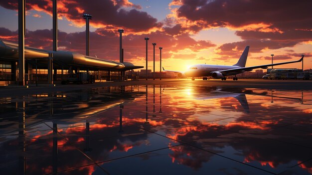 Photo passenger plane in the airport terminal sunset travel