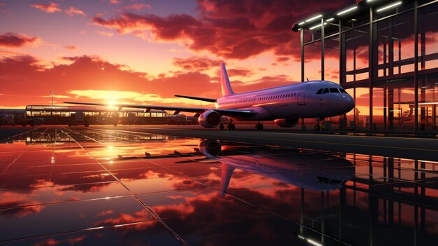 Photo passenger plane in the airport terminal sunset travel