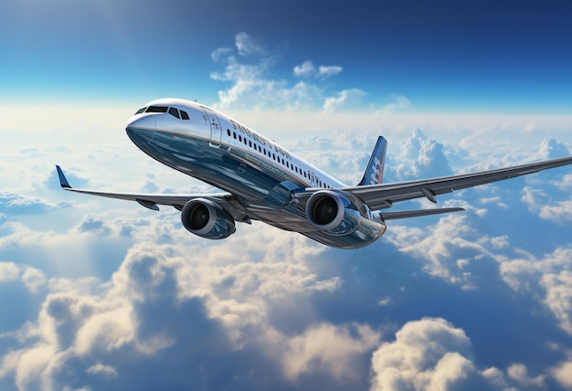 여객기 보이 (Boeing) 가 사진 현실주의 스타일의 구름으로 가득 찬 하늘 위에서 하늘을 날고 있습니다.