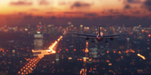 passenger plane flies over the night city Generative AI