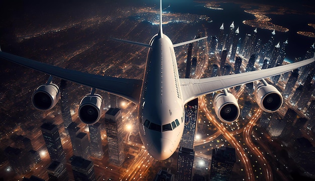 A passenger plane flying over the city