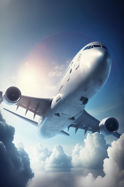 Passenger plane flying through cloudy sky using generative ai technology