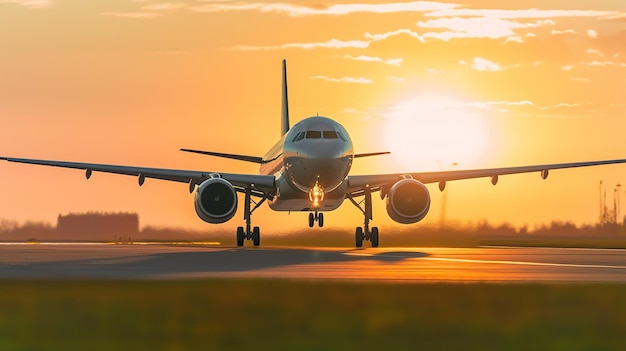 Photo passenger plane is landing during a wonderful sunrise