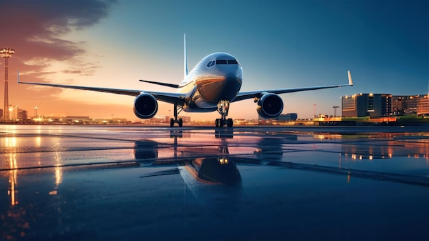 Passenger plane on the runway Airplane landing against sunset background Air passenger transportation