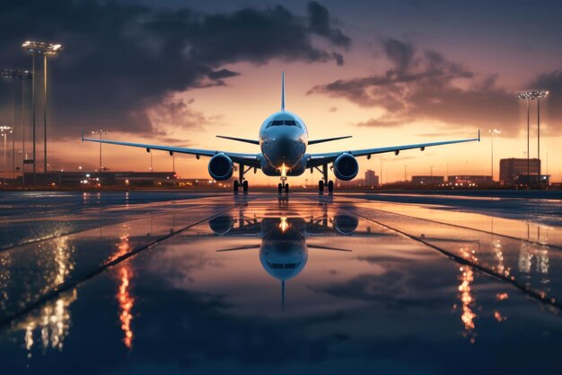 Passenger plane on the runway Airplane landing against sunset background Air passenger transportation