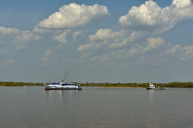 passenger ship sails on the river