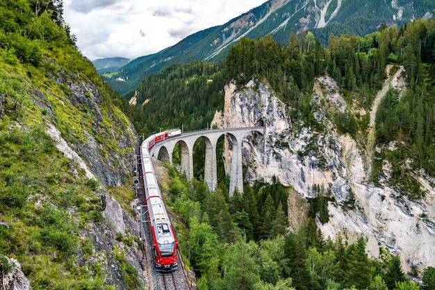 Passenger train crossing the Landwasser Viaduct in Switzerland