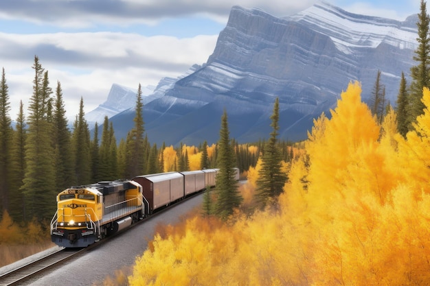 Passenger train passing famous Morants curve at Bow Valley against giant rocky mountains