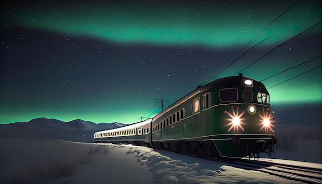 하늘의 밤하늘에 빛나는 오로라를 배경으로 눈 속 북극을 달리는 여객열차 Generative AI