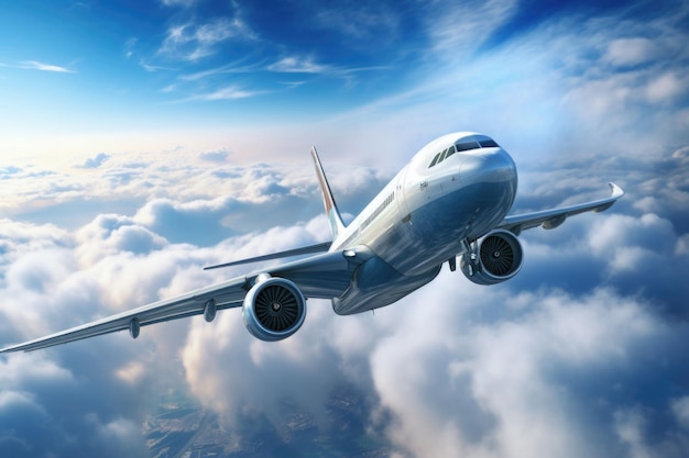 Foto aereo passeggeri che vola sopra le nuvole nel cielo blu concetto di viaggio veloce illustrazione generata dall'intelligenza artificiale