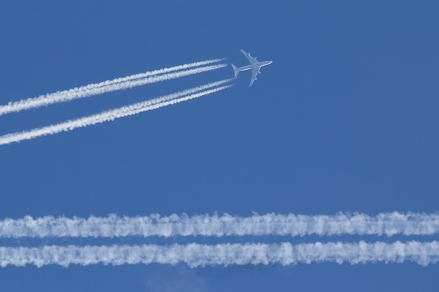 Passengers airplane is flying in perfect blue sky, telephoto