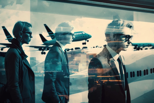 Passengers boarding business plane flights double exposure