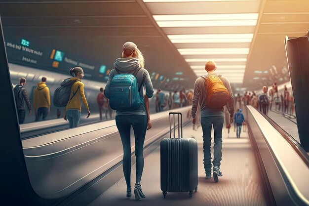 Passengers carry their luggage to check in airport baggage claim area