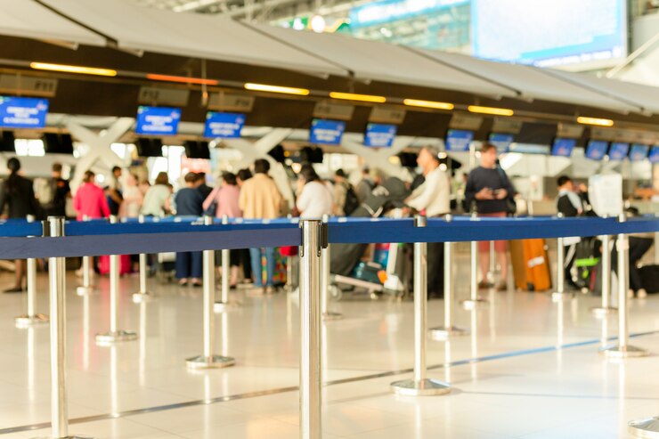 Photo passengers check-in line at the airport on vacation.