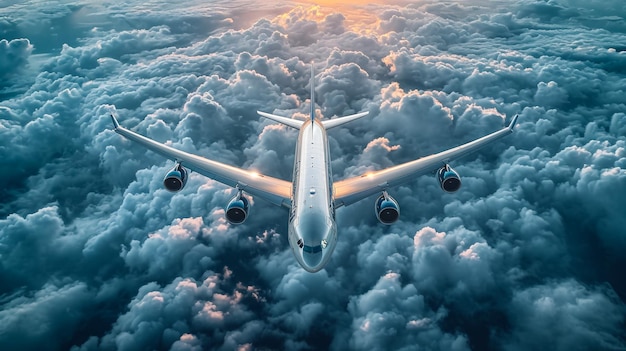 写真 夕暮れの光で雲の上を飛ぶ旅客旅客航空機  速い旅行の概念  休日とビジネス