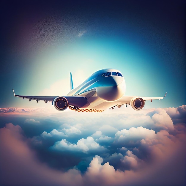 구름 위를 비행하는 승객 상업용 비행기
