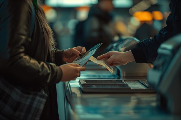 Passengers Exchanging Boarding Passes at Airport Counter