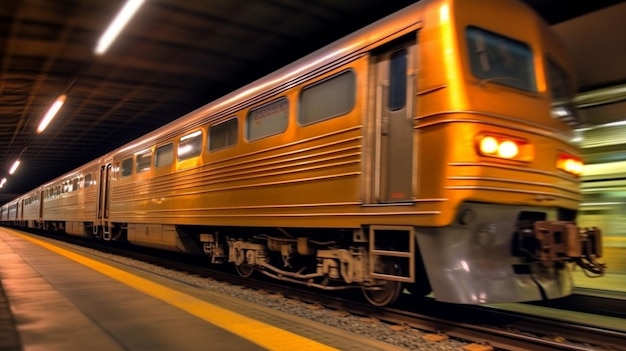 Passengers rush through modern subway station platform