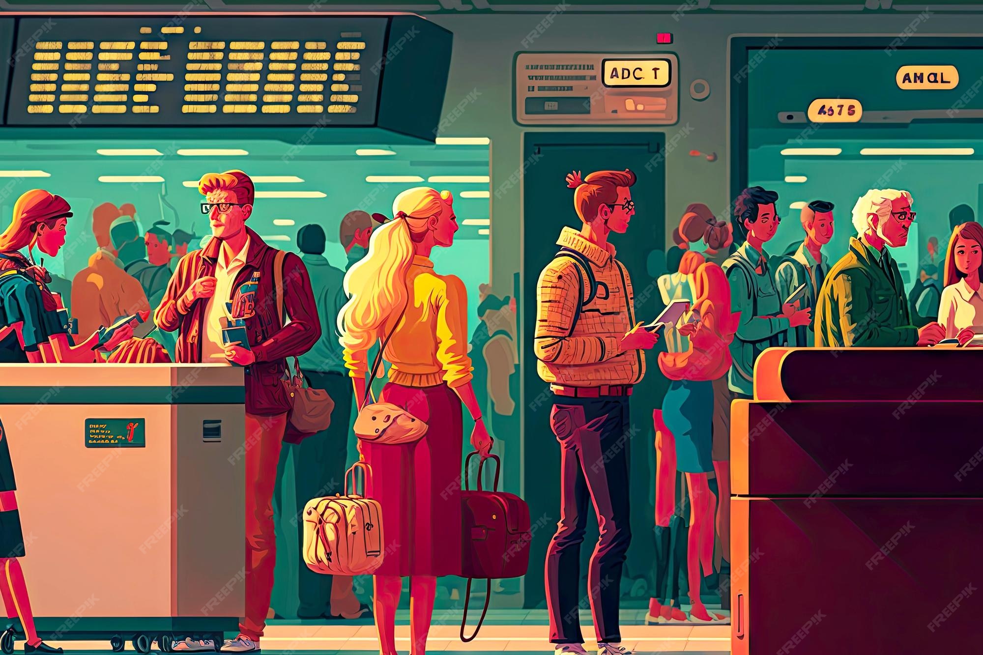 Premium Photo Passengers stand at station with luggage in airport